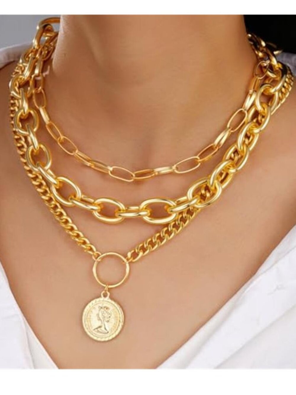 Gold Layered Coin Necklace Cuban Link Paperclip Chain Statement Jewelry